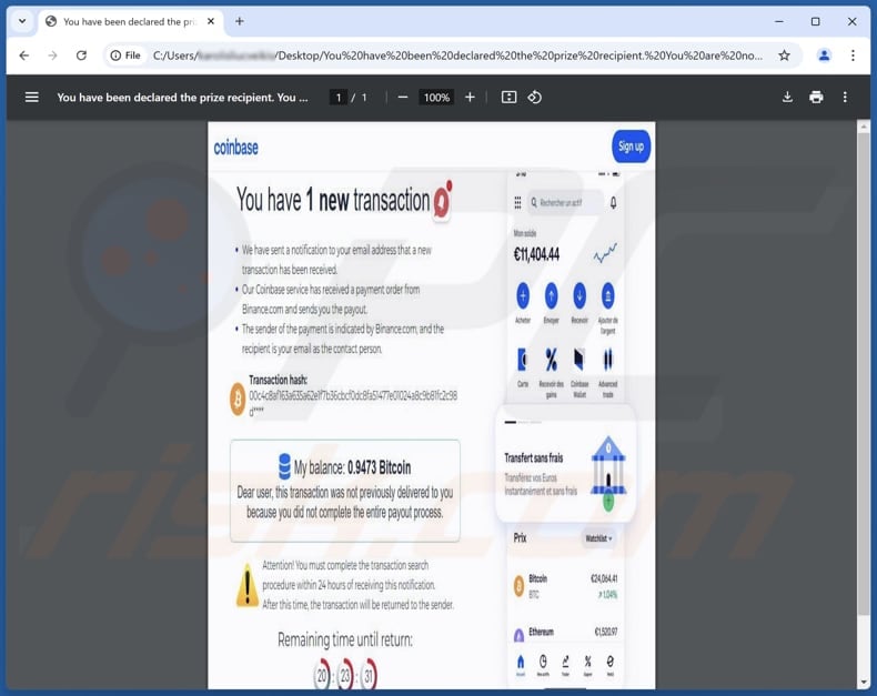 Coinbase - You Have 1 New Transaction Archivo PDF fraudulento utilizado en otro correo electrónico fraudulento