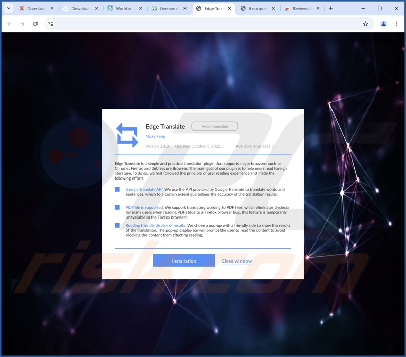 Sitio web que promueve el adware Equalizer para el navegador Chrome