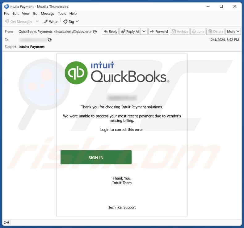 Intuit QuickBooks - Unable To Process Payment campaña de spam por correo electrónico