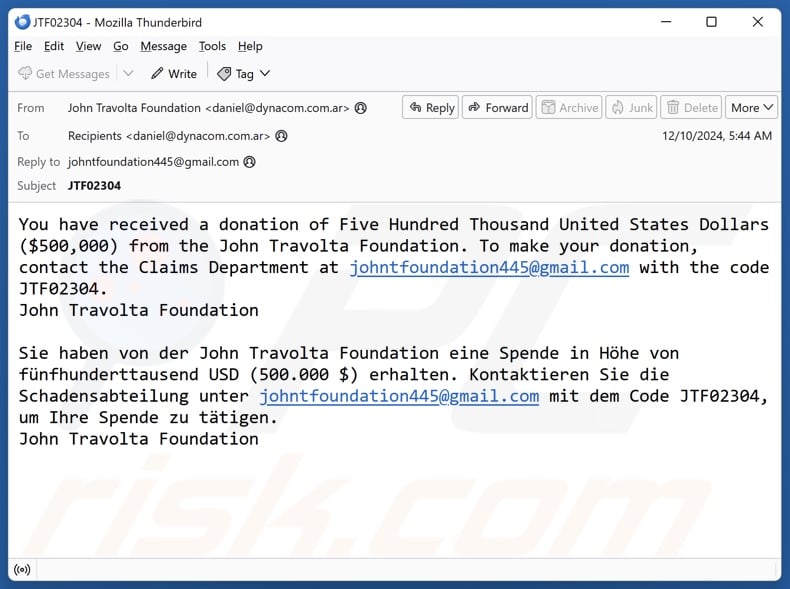 John Travolta Foundation campaña de spam por correo electrónico