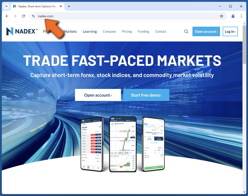 Aspecto del sitio web real de Nadex (nadex.com)