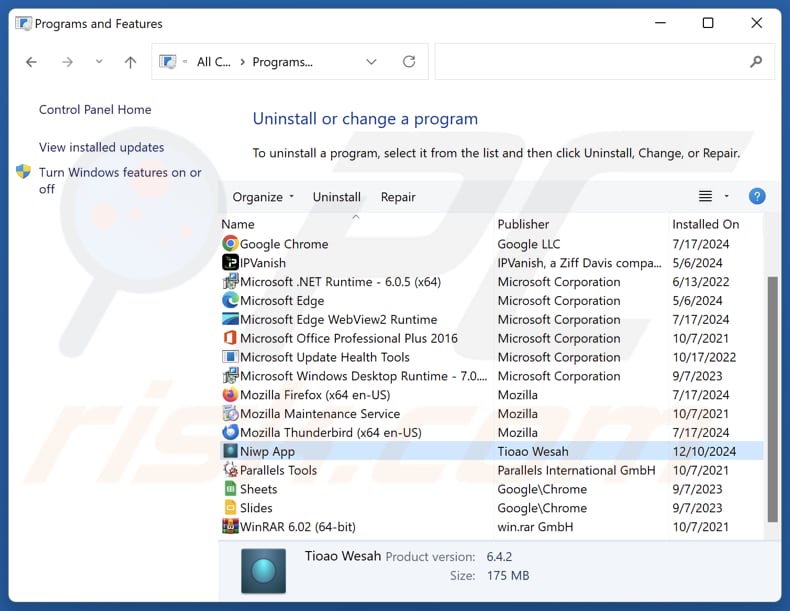 Desinstalación de la aplicación Niwp a través del Panel de Control