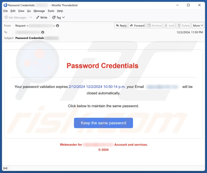 Password Credentials campaña de spam por correo electrónico