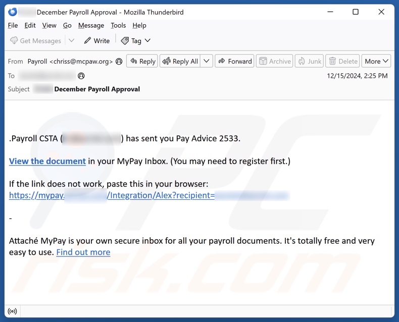 Pay Advice campaña de spam por correo electrónico