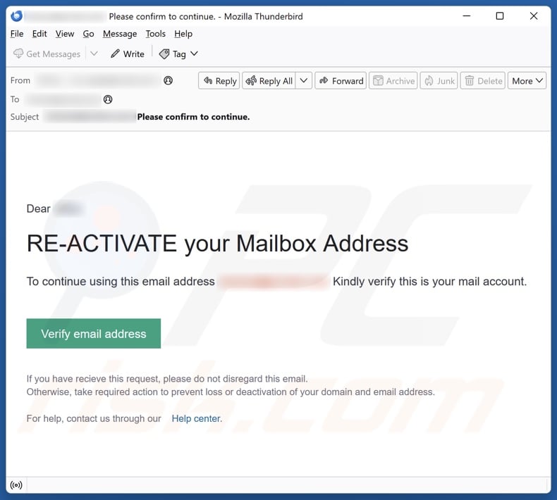 Re-Activate Your Mailbox Address campaña de spam por correo electrónico