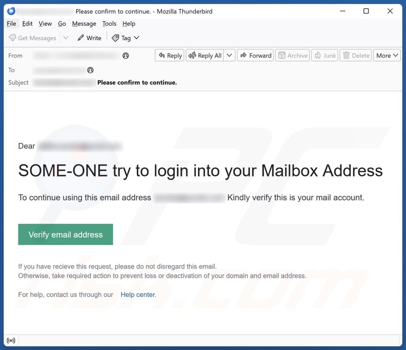 Some-one Try To Login Into Your Mailbox Address campaña de spam por correo electrónico