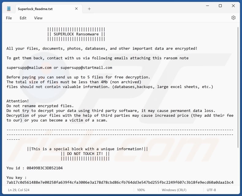 SUPERLOCK ransomware nota de rescate (Superlock_Readme.txt)