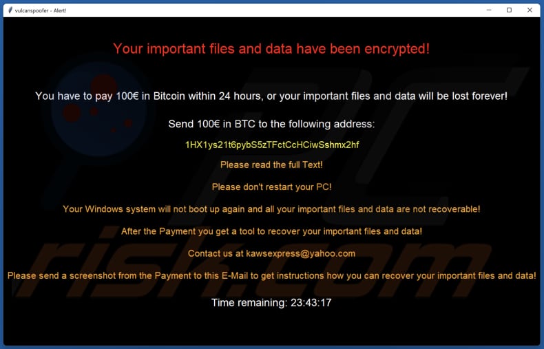 Vulcan ransomware nota de rescate (pop-up ventana)