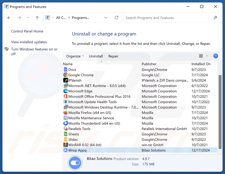 Desinstalación de Wrop Appq a través del Panel de Control