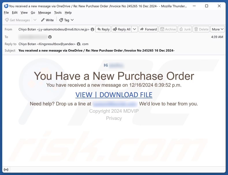 You Have A New Purchase Order campaña de spam por correo electrónico