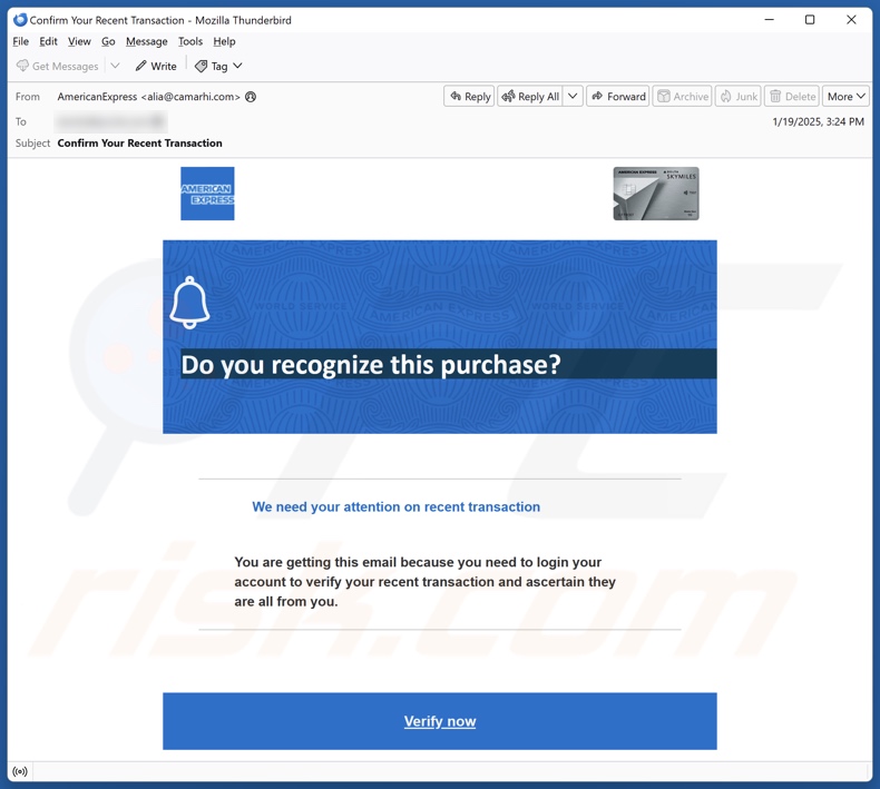 American Express - Unrecognized Transaction campaña de spam por correo electrónico