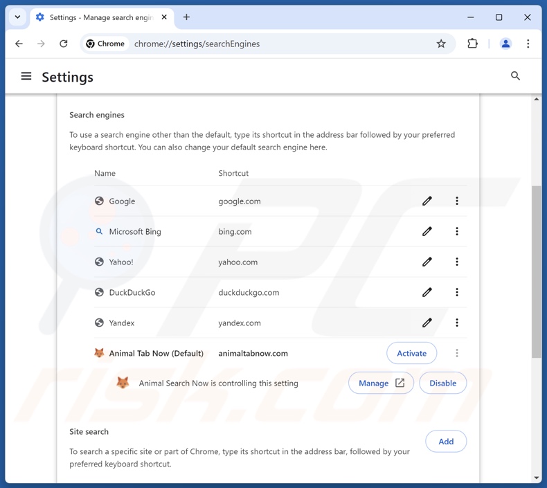 Eliminar animaltabnow.com del motor de búsqueda predeterminado de Google Chrome