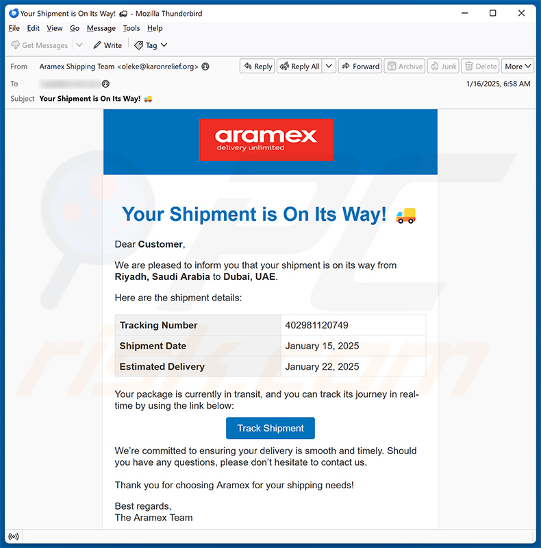 Correo spam con temática de Aramex (2025-01-16)