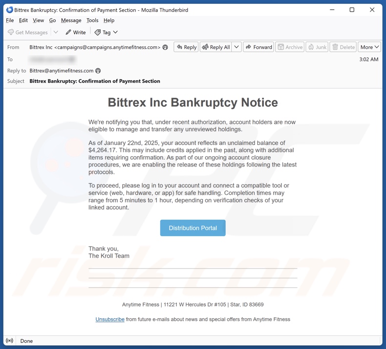 Bittrex Inc Bankruptcy Notice campaña de spam por correo electrónico