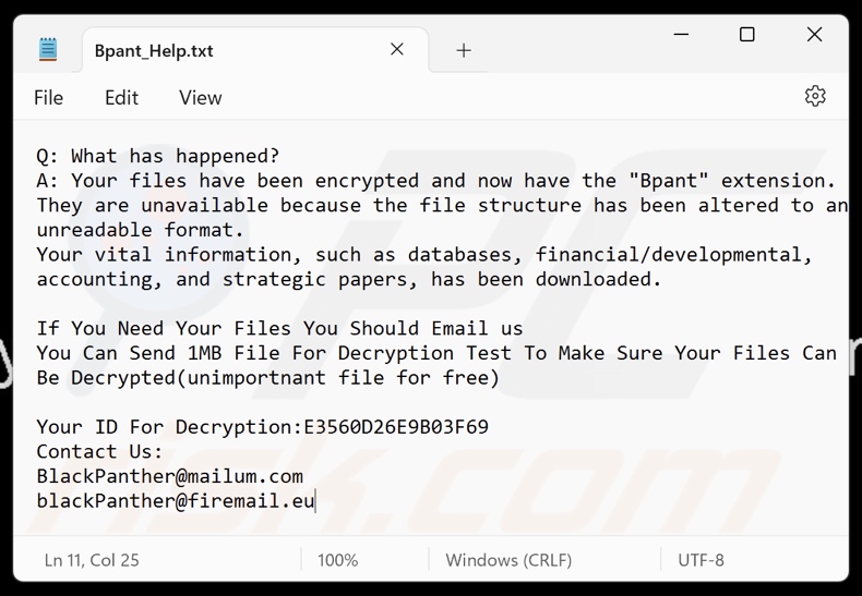 BlackPanther ransomware nota de rescate (Bpant_Help.txt)