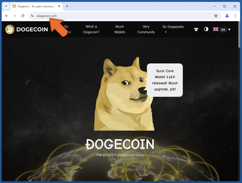 Aspecto del sitio web real de Dogecoin (dogecoin.com)