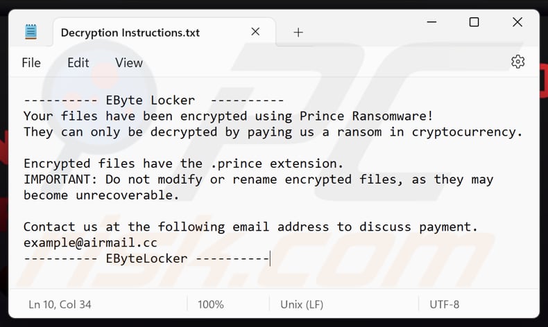 EByte Locker archivo de texto ransomware (Decryption Instructions.txt)