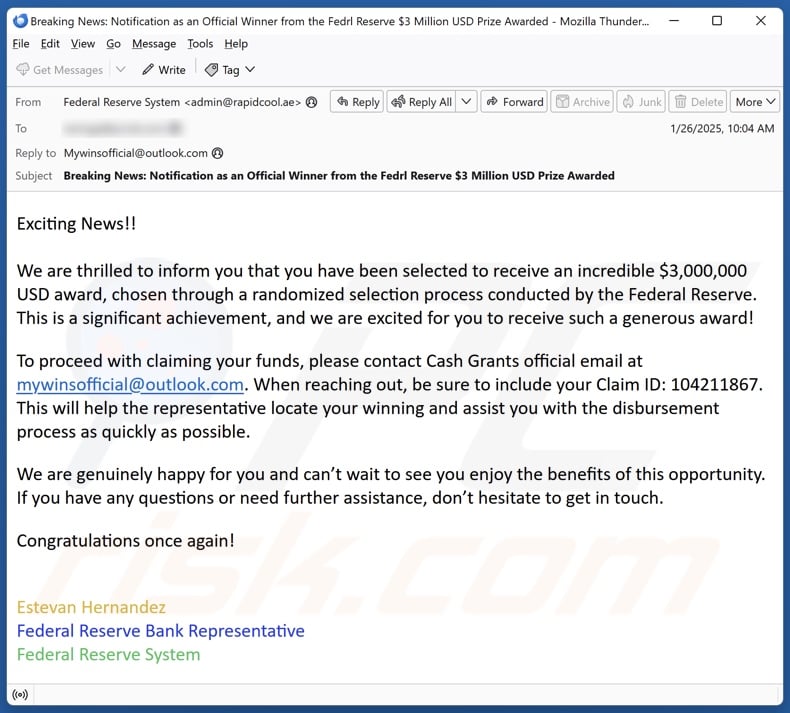 Federal Reserve Award campaña de spam por correo electrónico