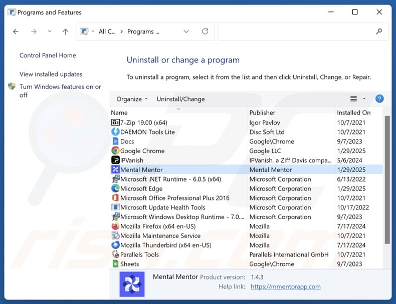 Mental Mentor desinstalar via Control Panel