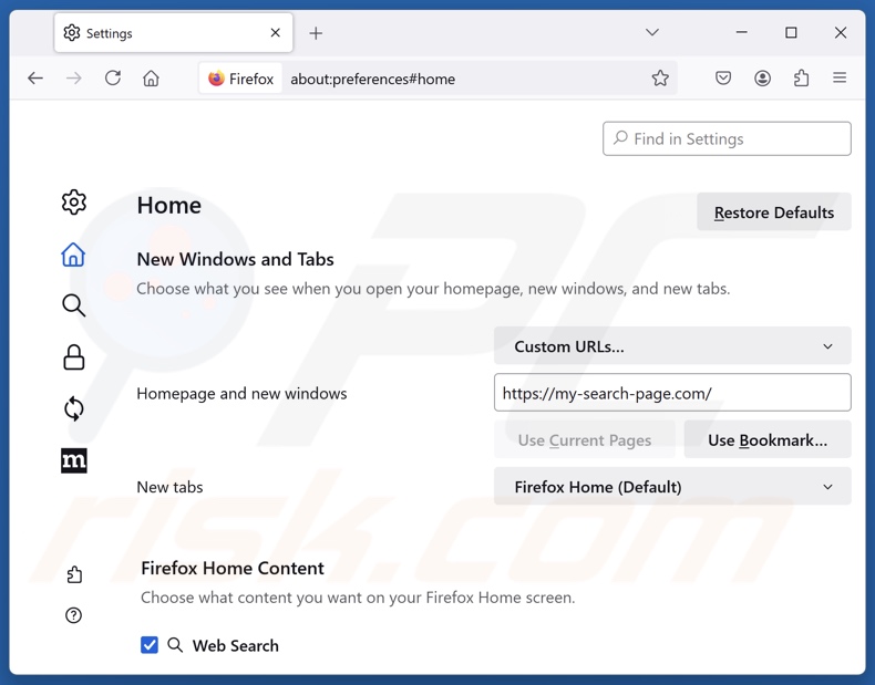 Eliminar my-search-page.com de la página de inicio de Mozilla Firefox