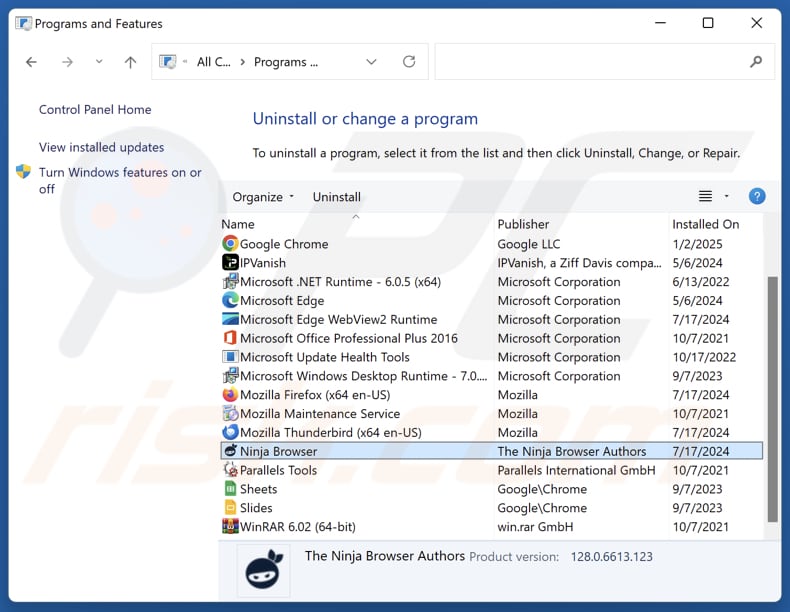 Desinstalación de Ninja Browser a través del Panel de Control