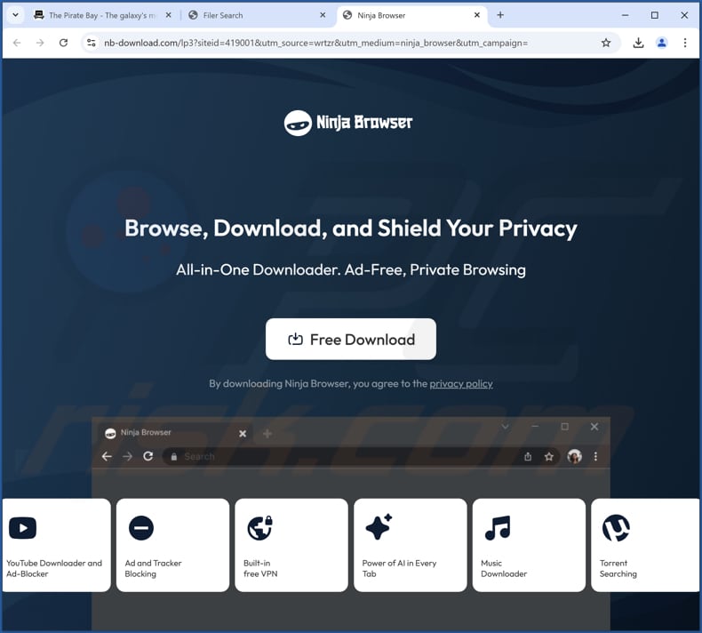 Sitio web utilizado para promocionar Ninja Browser