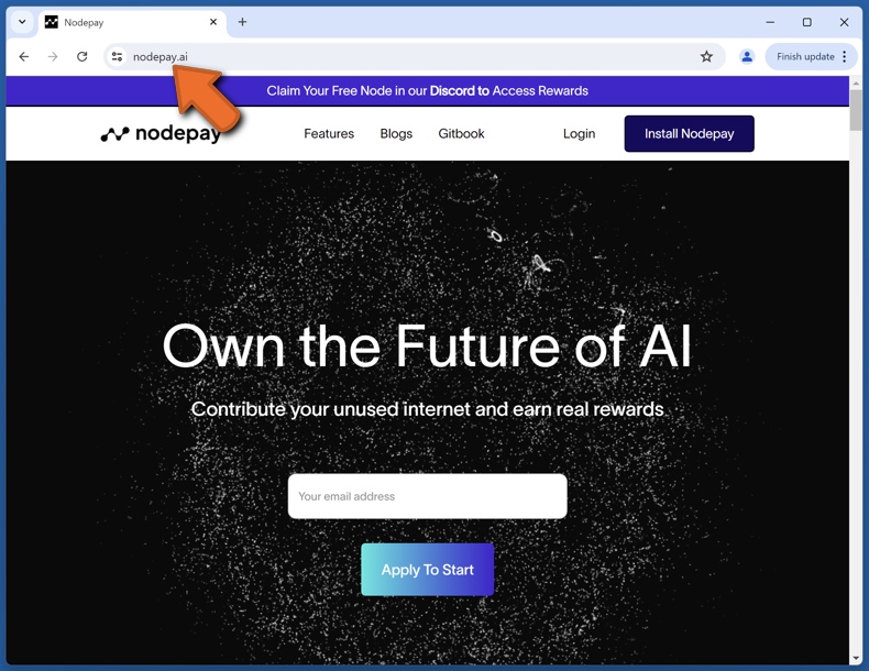 Aspecto del sitio web real de Nodepay (nodepay.ai)