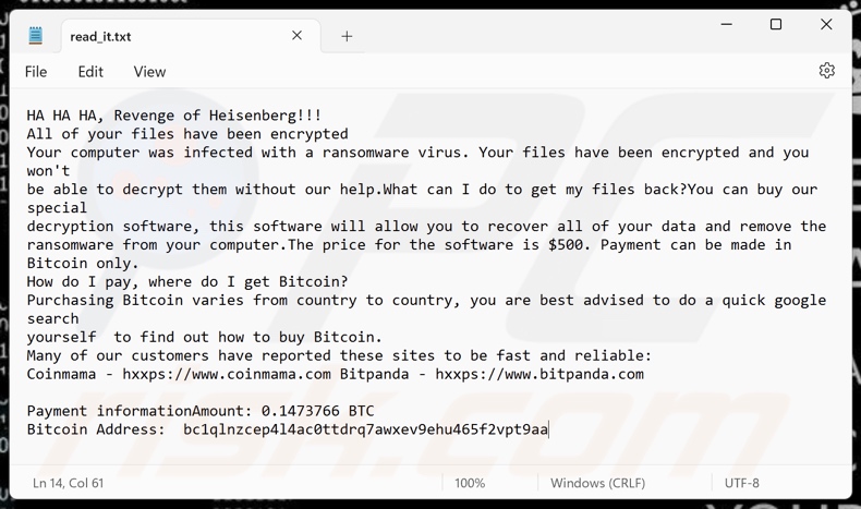 Revenge Of Heisenberg ransomware variante de la nota de rescate (read_it.txt)