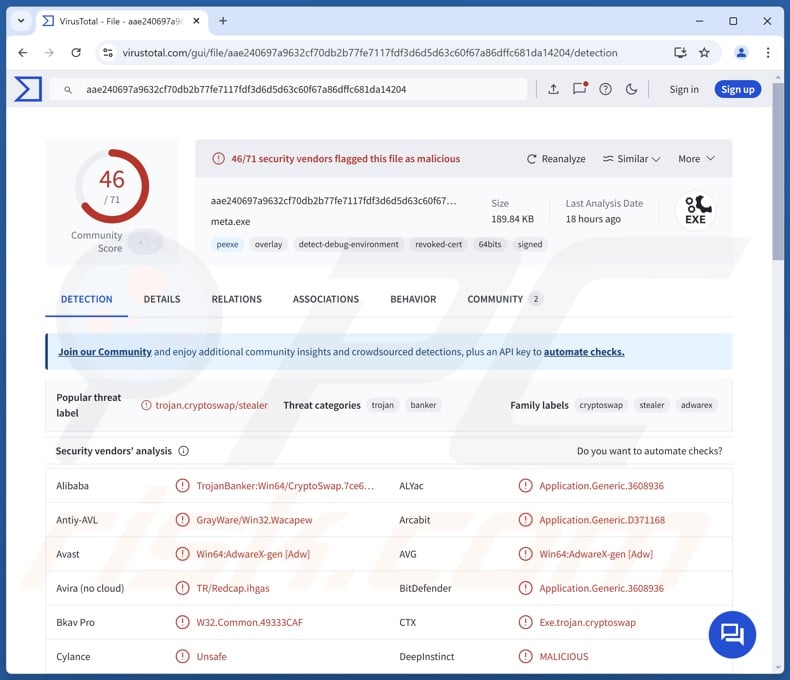 Detecciones del malware ScarletStealer en VirusTotal