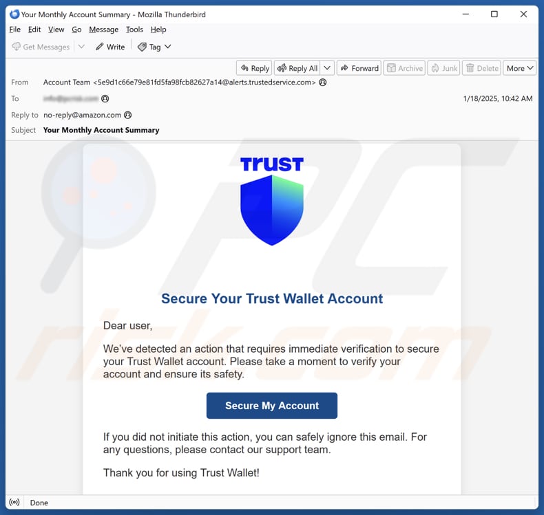 Secure Your Trust Wallet Account campaña de spam por correo electrónico