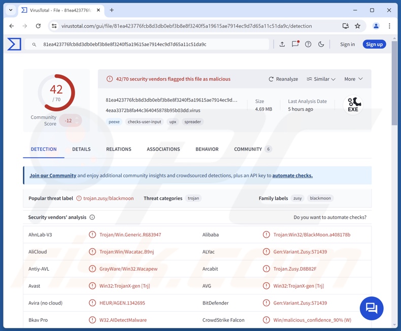 BlackMoon detecciones de malware en VirusTotal