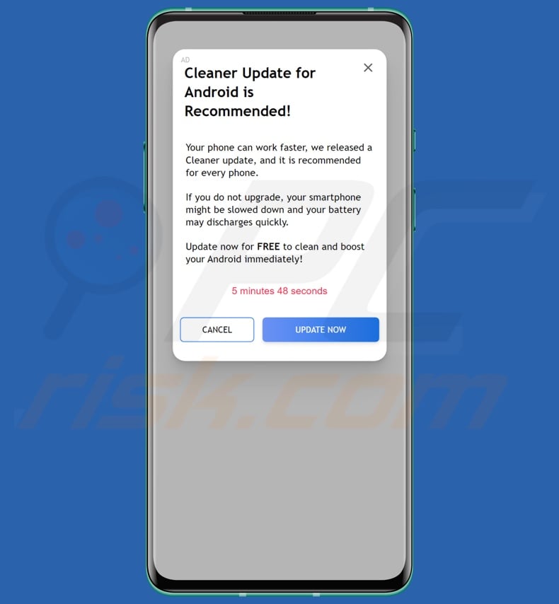 Cleaner Update For Android Is Recommended pop-up estafa