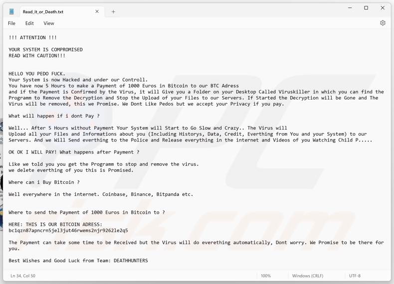 DeathHunters ransomware nota de rescate (Read_it_or_Death.txt)