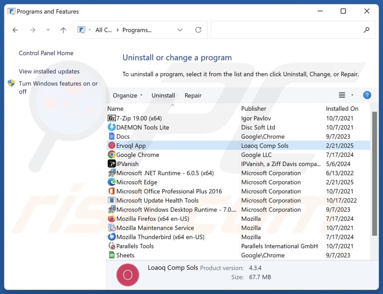 Ervoql App desinstalar via Control Panel