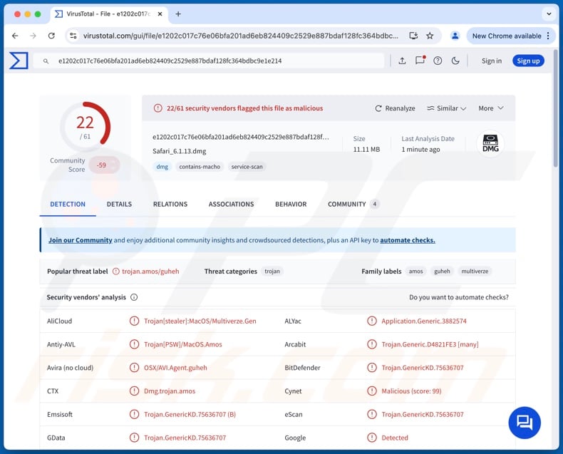 FrigidStealer detecciones de malware en VirusTotal