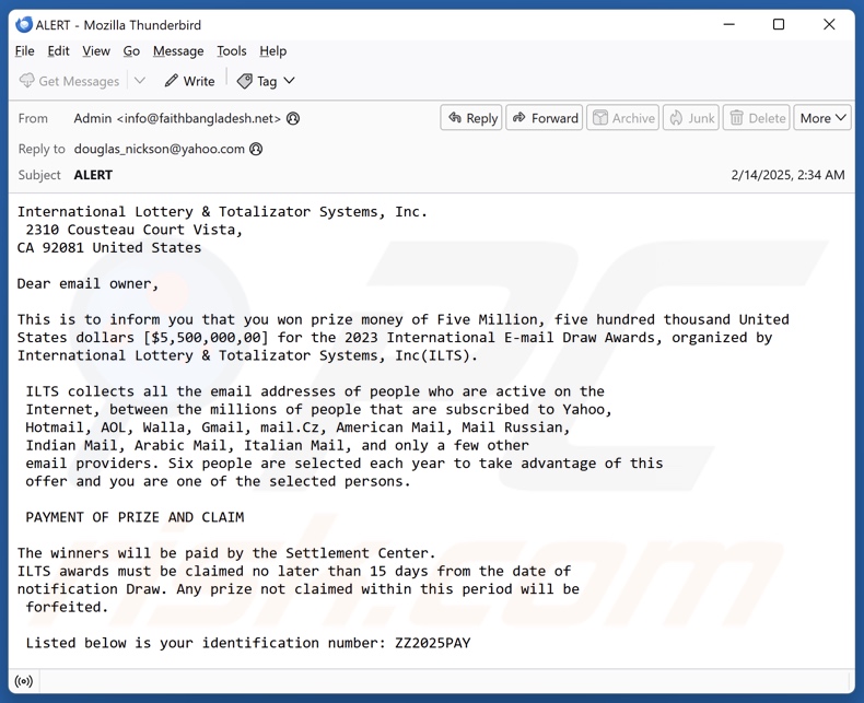 International Lottery & Totalizator Systems campaña de spam por correo electrónico