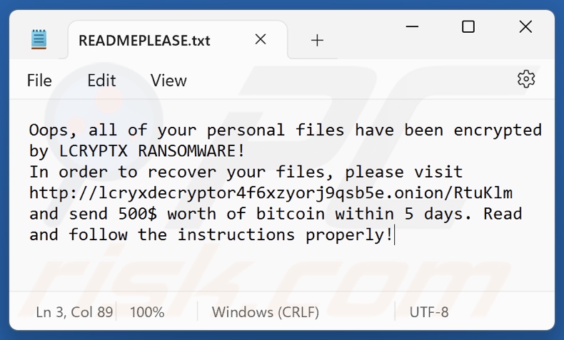 LCRYPTX ransomware nota de rescate (READMEPLEASE.txt)