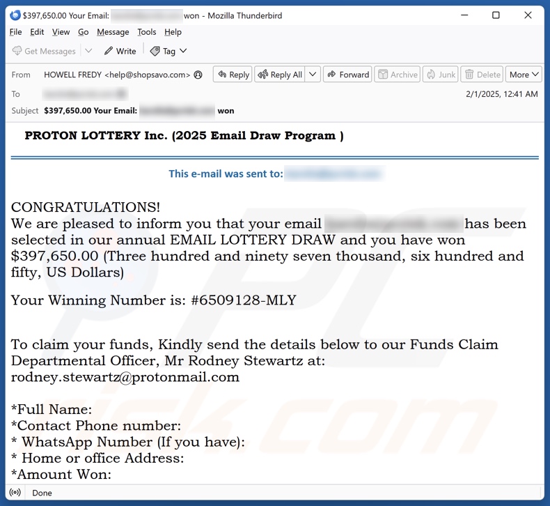 PROTON LOTTERY email campaña de spam