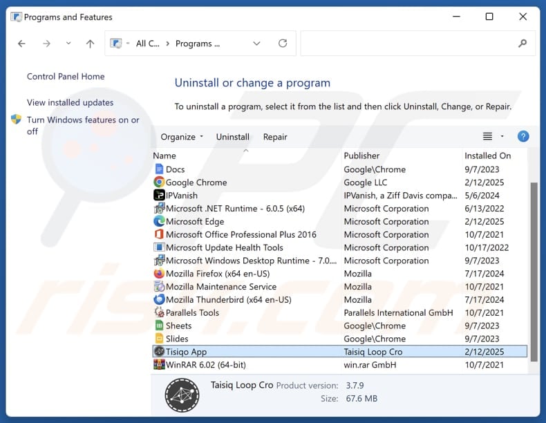 Tisiqo App desinstalar via Control Panel