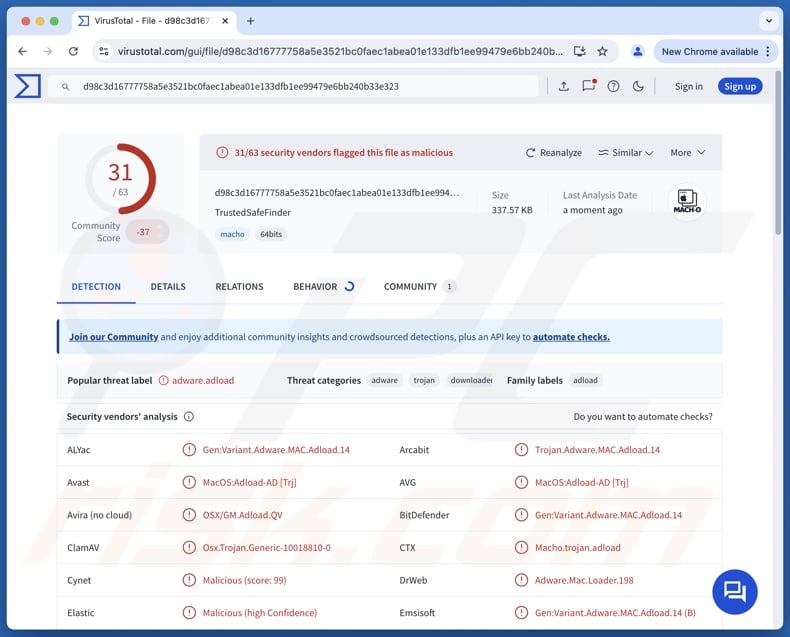 TrustedSafeFinder detecciones de adware en VirusTotal