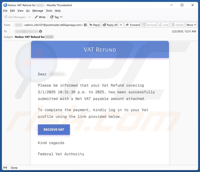 VAT Refund campaña de spam por correo electrónico