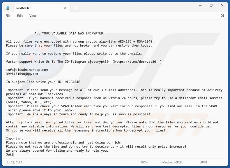 Jett ransomware archivo de texto (ReadMe.txt)