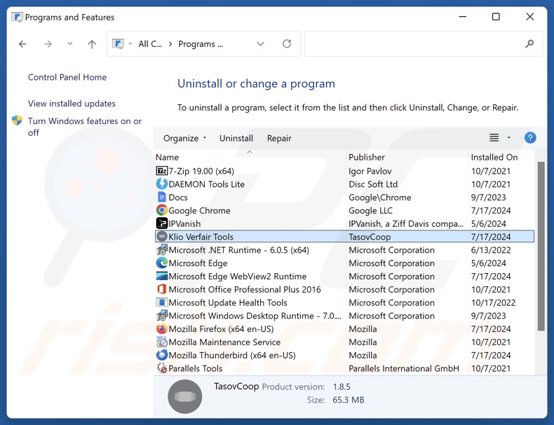 Klio Verfair Tools desinstalar via Control Panel