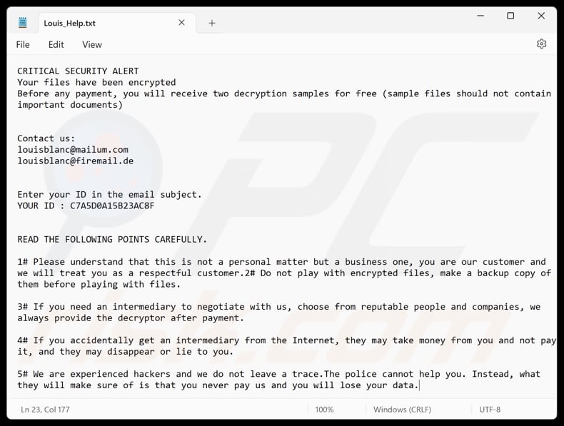 Louis ransomware nota de rescate (Louis_Help.txt)
