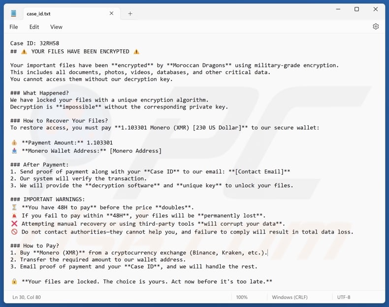 Moroccan Dragon ransomware nota de rescate (case_id.txt)