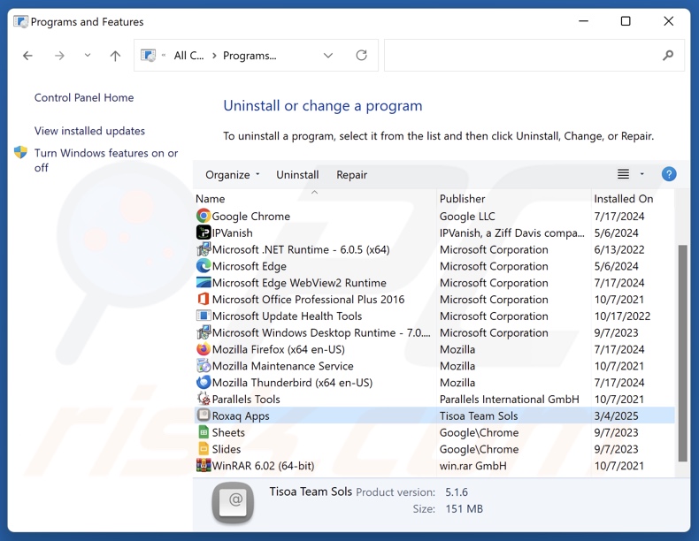 Roxaq Apps desinstalar via Control Panel