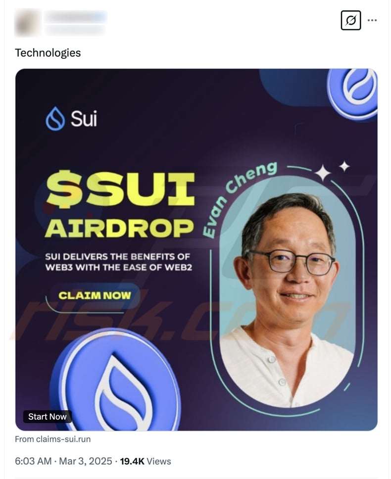 $SUI Airdrop estafa promocionando X (Twitter) post