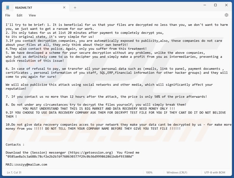 Zsszyy ransomware archivo de texto (README.TXT)