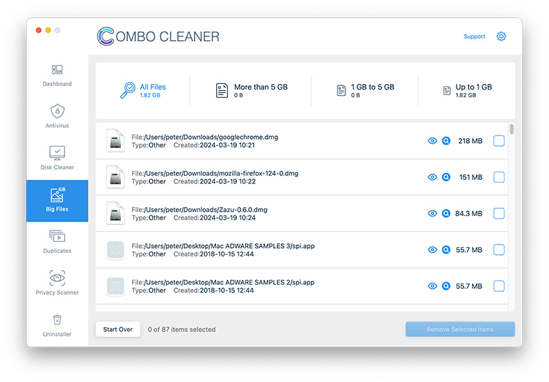 combo cleaner big files