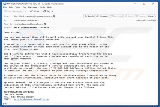 Estafa por correo electrónico Lottery Winnings Compensation
